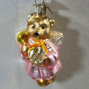 VTG Angel Bear Glass Glitter Christmas Tree Ornament 3.5"x2"